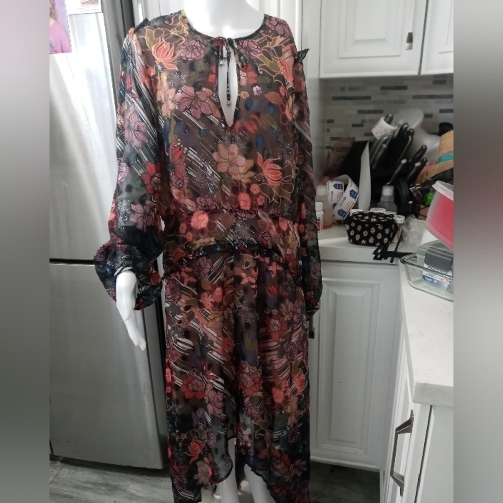 Foxiedox Anthropologie Floral long sleeve Sheer maxi open back dress 12